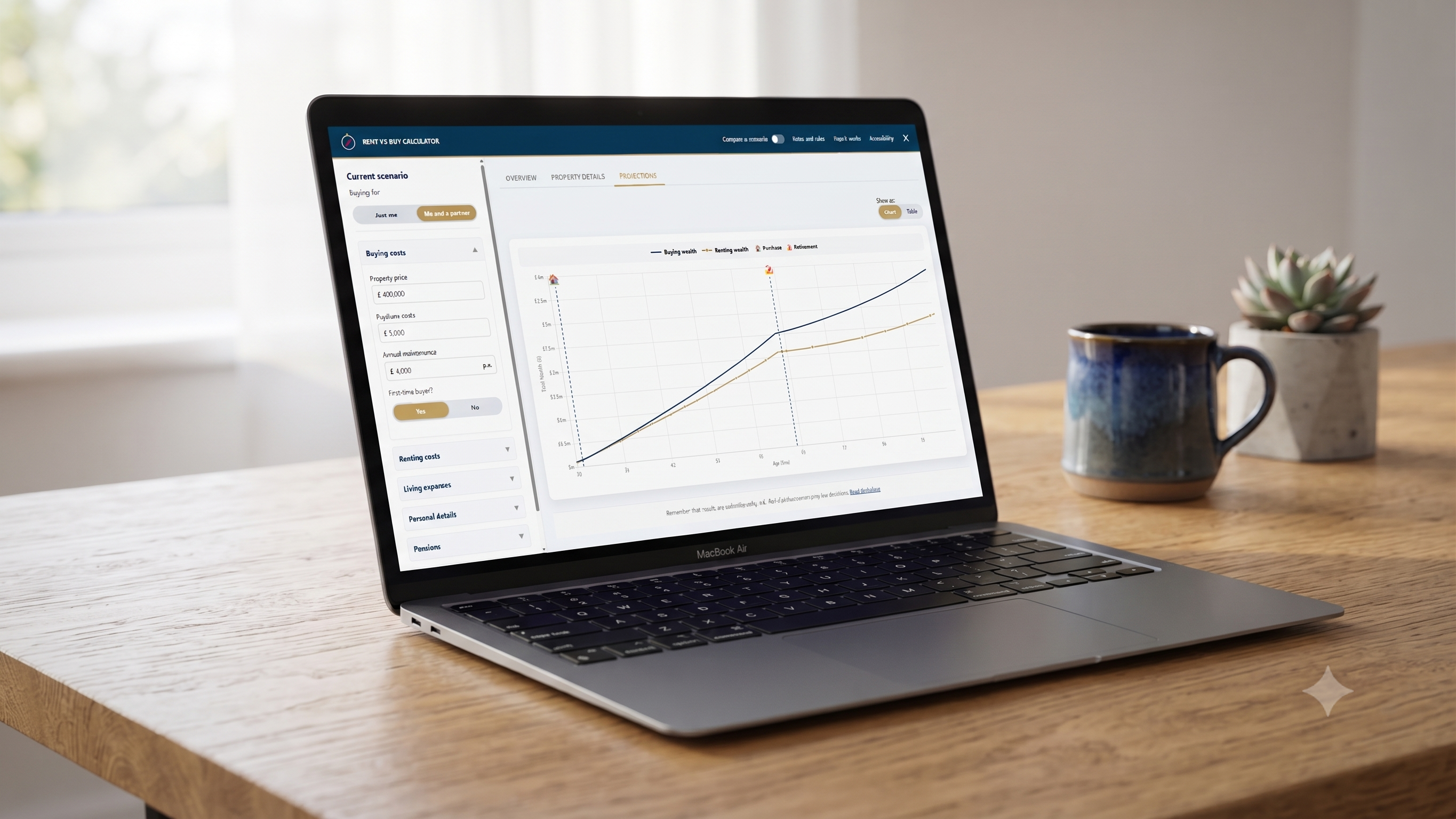 Calculator showing wealth over time on a laptop